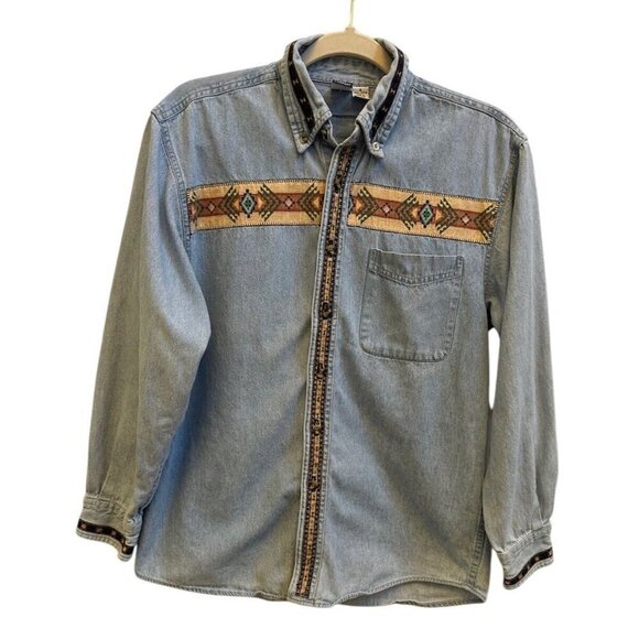 Vintage Denim Aztec Ribbon Trim Button Front Shirt Womens Sz Small Western - Picture 1 of 8